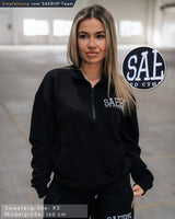 Lifestyle Damen Oversized Oberteil schwarz mit Stickerei & Reißverschluss am Kragen by SAEBIS®