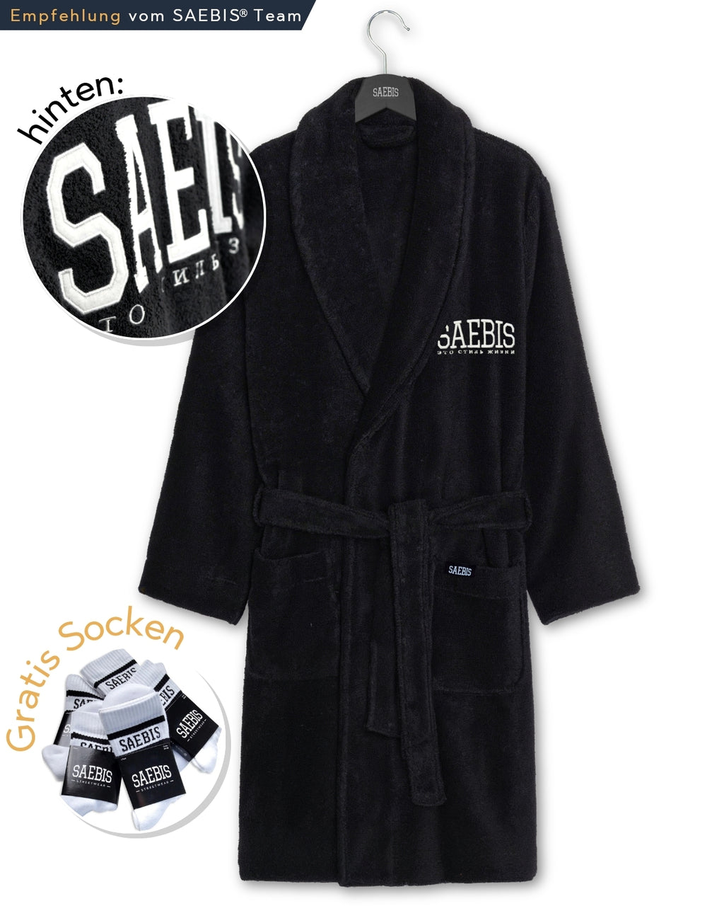 Lifestyle Bademantel schwarz mit Stickerei für Herren & Damen by SAEBIS® + 5er SET GRATIS SOCKEN