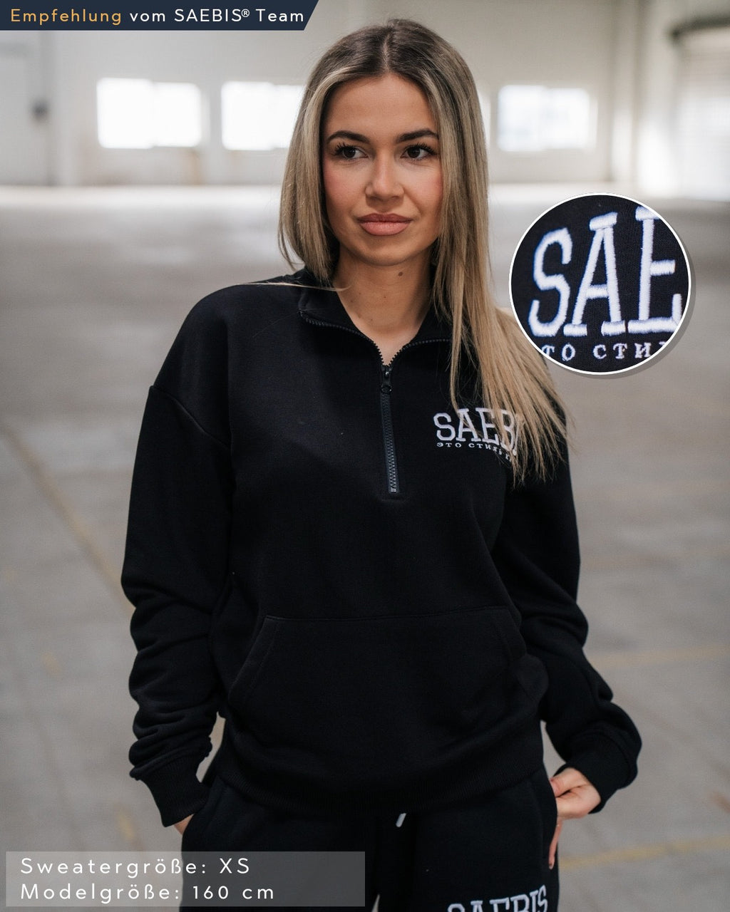 Lifestyle Damen Oversized Oberteil schwarz mit Stickerei & Reißverschluss am Kragen by SAEBIS®