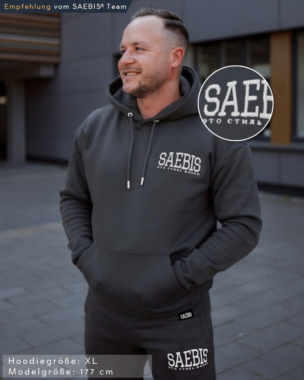 Lifestyle Herren Hoodie anthrazit mit Stickerei by SAEBIS®
