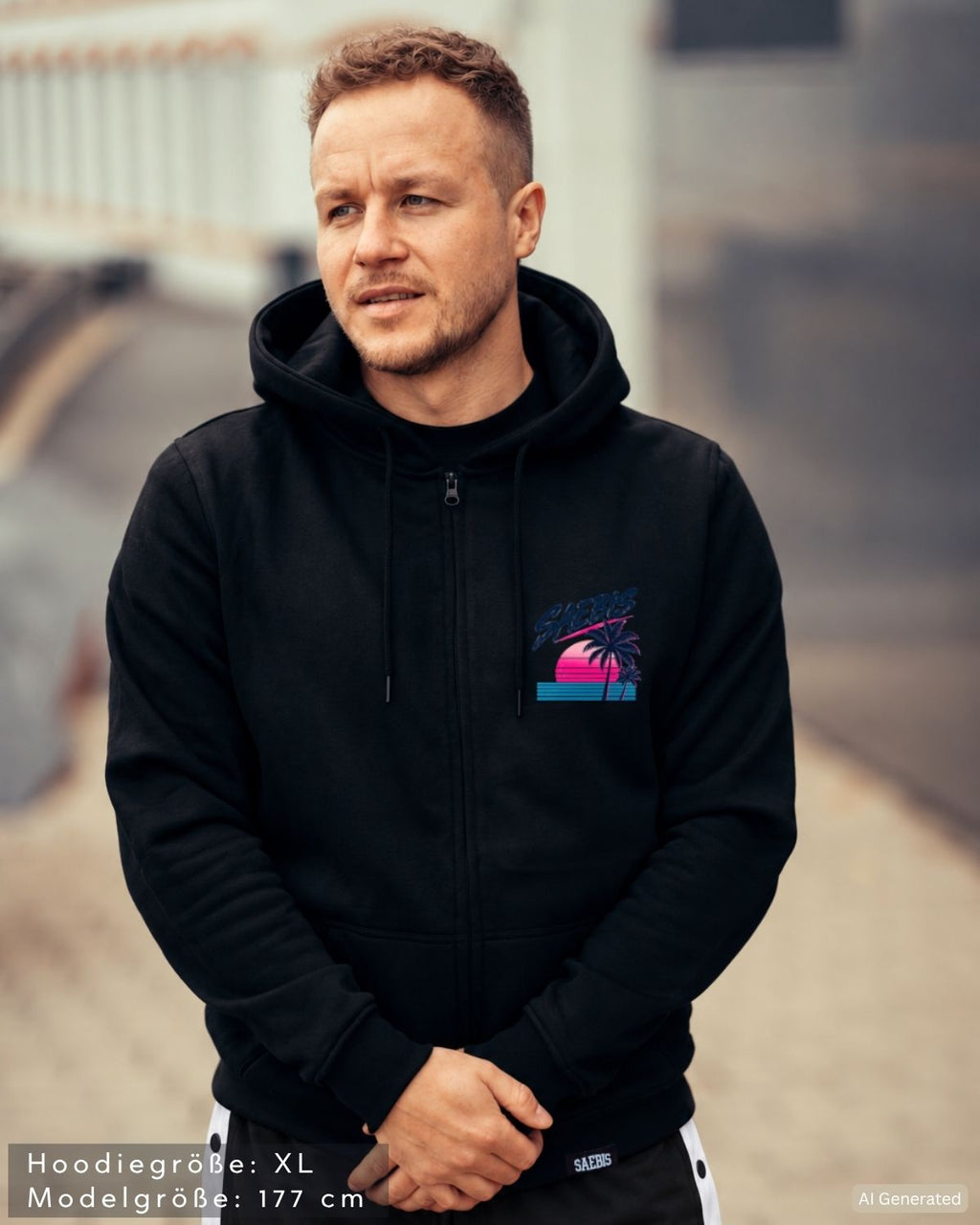 SAEBIS® 80er Herren Zip Hoodie mit Reißverschluss schwarz