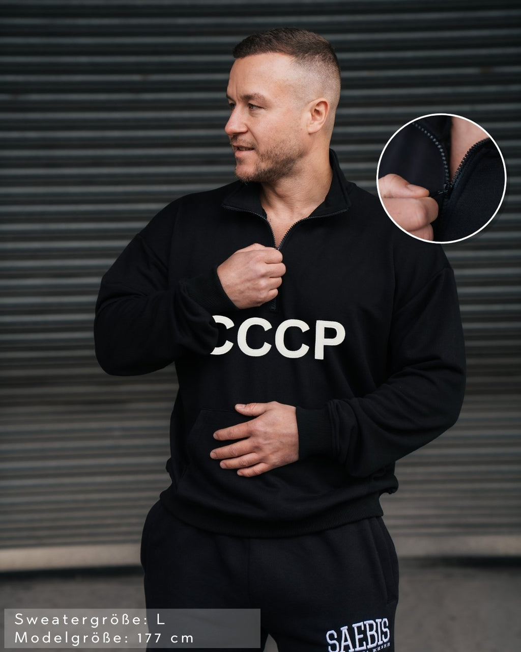 CCCP Herren Oberteil schwarz mit Stickerei & Reißverschluss am Kragen by SAEBIS®
