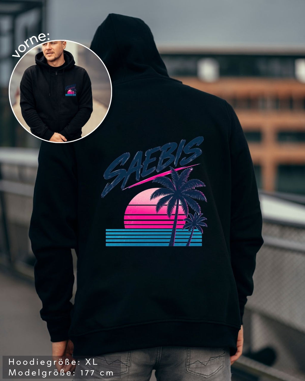 SAEBIS® 80er Herren Zip Hoodie mit Reißverschluss schwarz