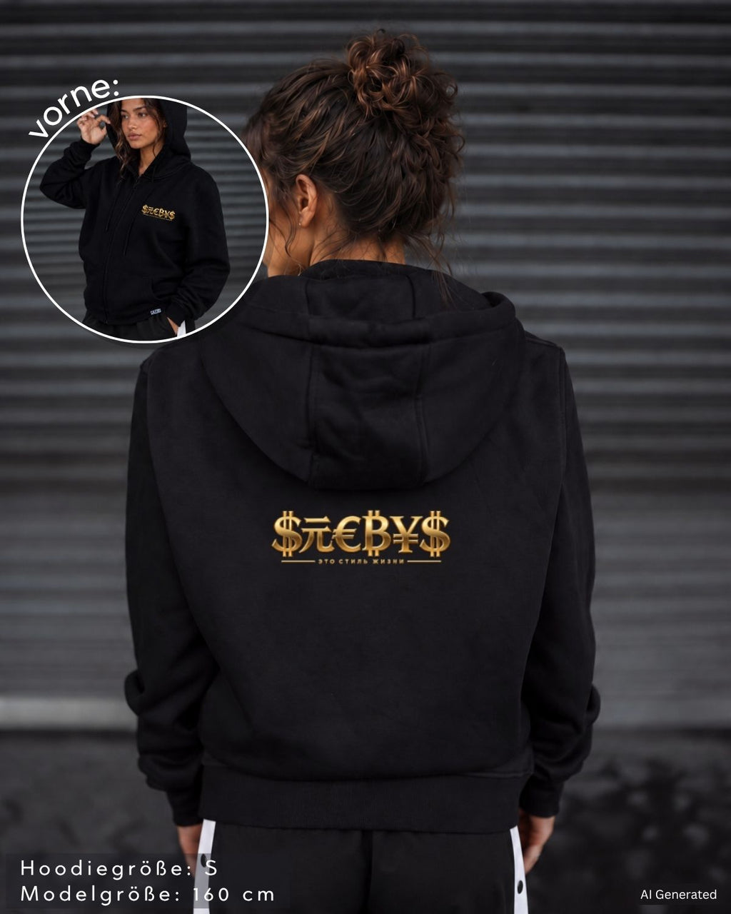 SAEBIS® Money Damen Oversized Zip Hoodie mit Reißverschluss schwarz