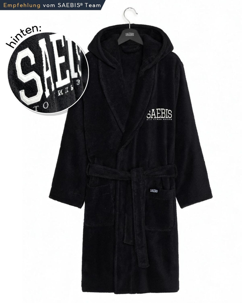 Lifestyle Bademantel schwarz mit Stickerei für Herren & Damen by SAEBIS®