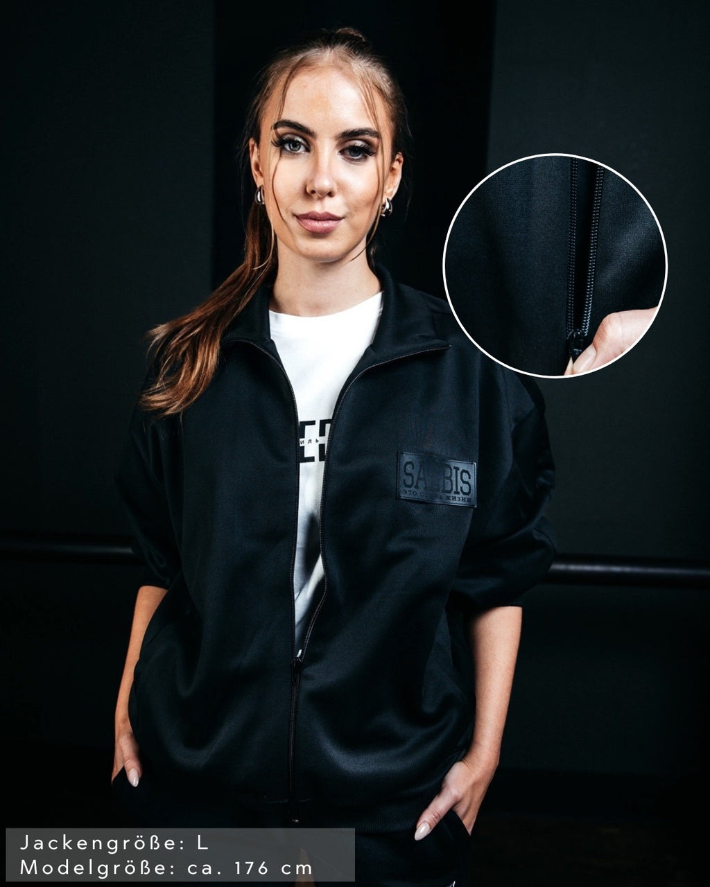 SAEBIS® Damen Oversized Trainingsjacke schwarz mit SAEBIS® Patch
