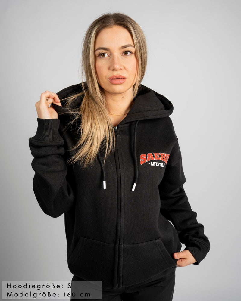 SAEBIS® 90's Lifestyle Damen Oversized Zip Hoodie schwarz mit Reißverschluss