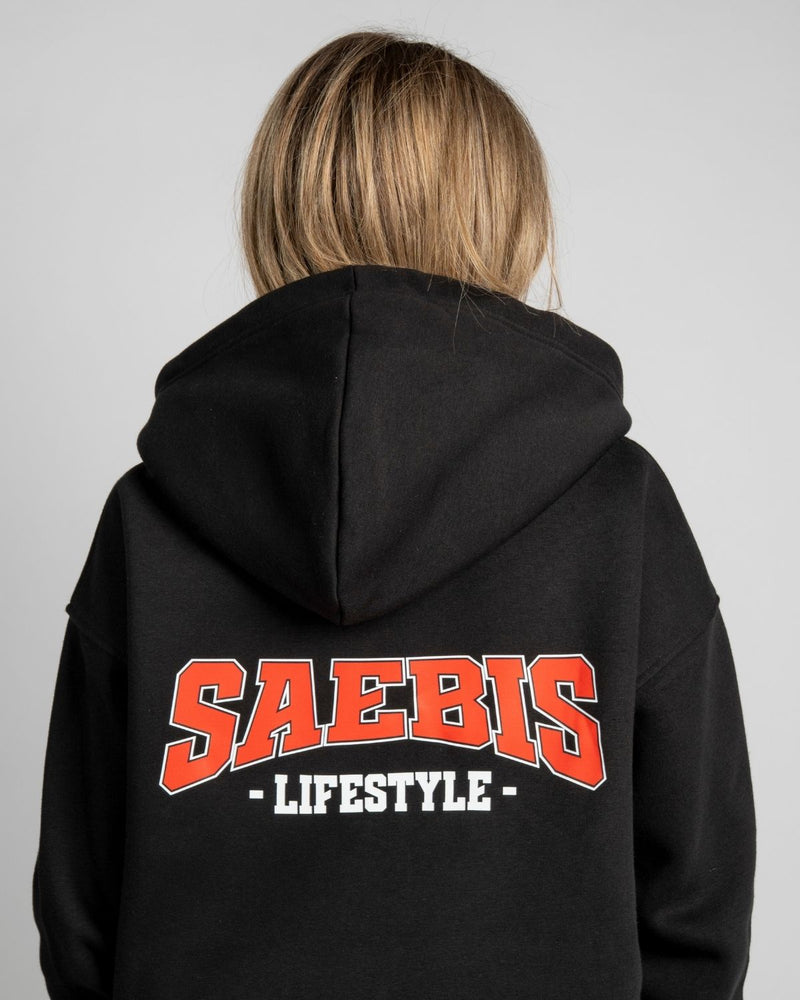 SAEBIS® 90's Lifestyle Damen Oversized Zip Hoodie schwarz mit Reißverschluss