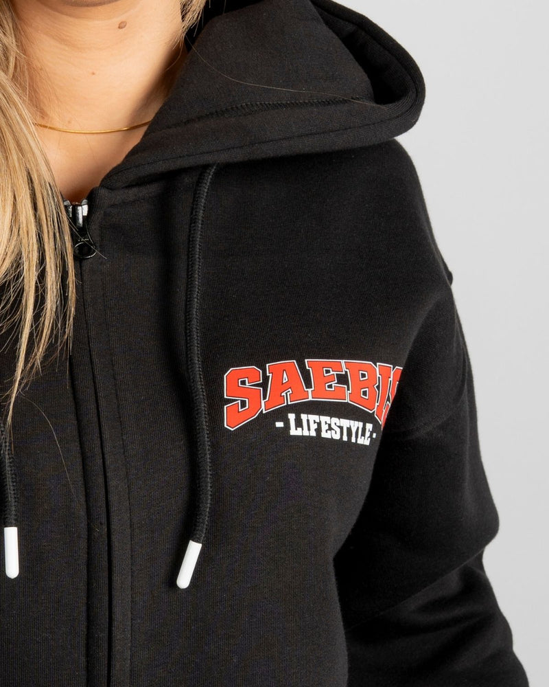 SAEBIS® 90's Lifestyle Damen Oversized Zip Hoodie schwarz mit Reißverschluss