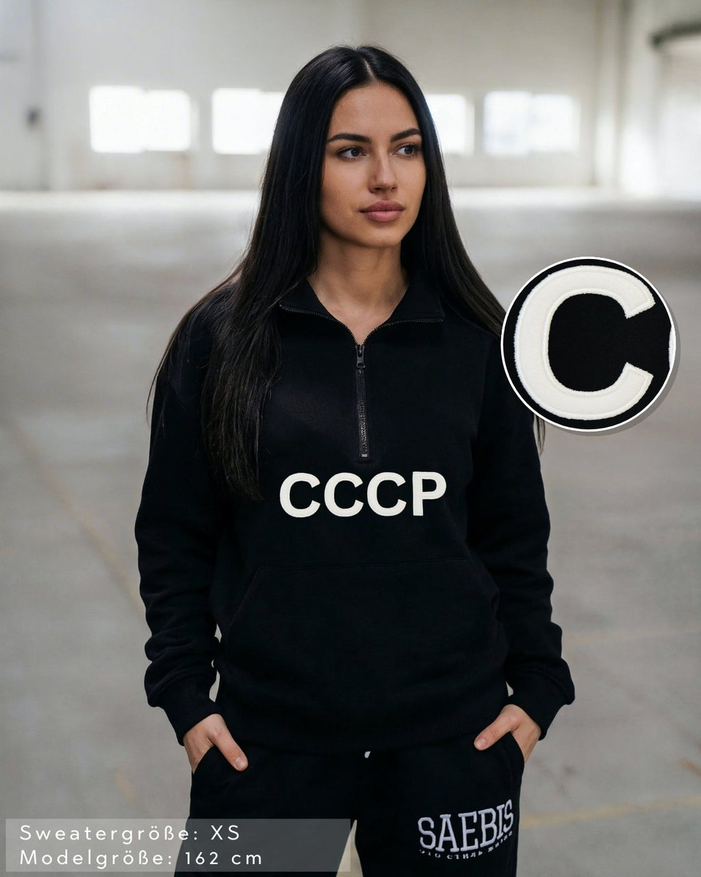 CCCP Damen Oversized Oberteil schwarz mit Stickerei & Reißverschluss am Kragen by SAEBIS®