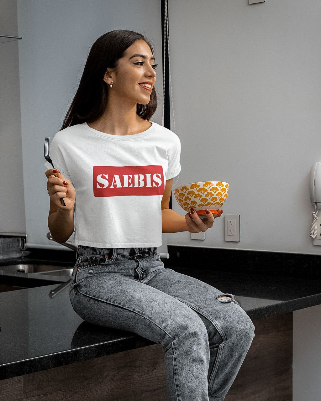 SAEBIS® Red Box Damen Crop Top weiß
