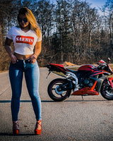 SAEBIS® Red Box Damen Crop Top weiß